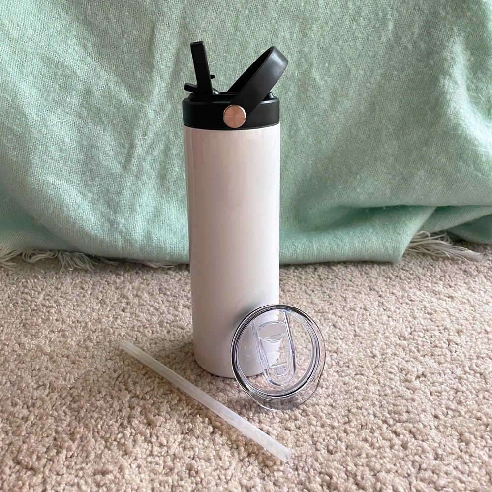 White Insulated Steel Metal Slim Tumbler Water Bottle with Straw & Two Lids